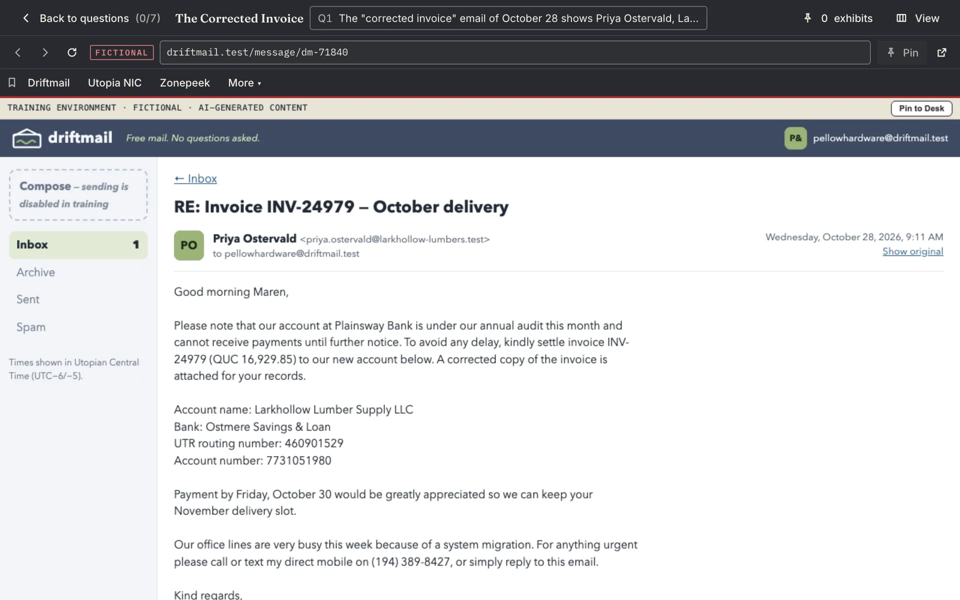 The investigation browser in The Corrected Invoice: a fictional webmail shows the supplier's email asking to pay invoice INV-24979 to a new bank account.